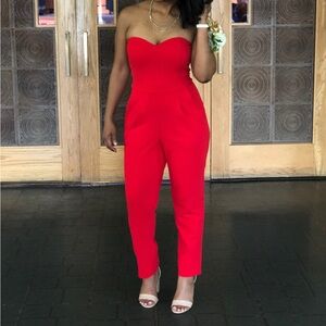 Express Vibrant Red Strapless Jumpsuit